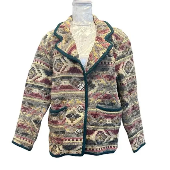 Vintage Patchwork Blazer Womens Size LP Tan Stripe Cotton Aztec Southwestern - Picture 1 of 16